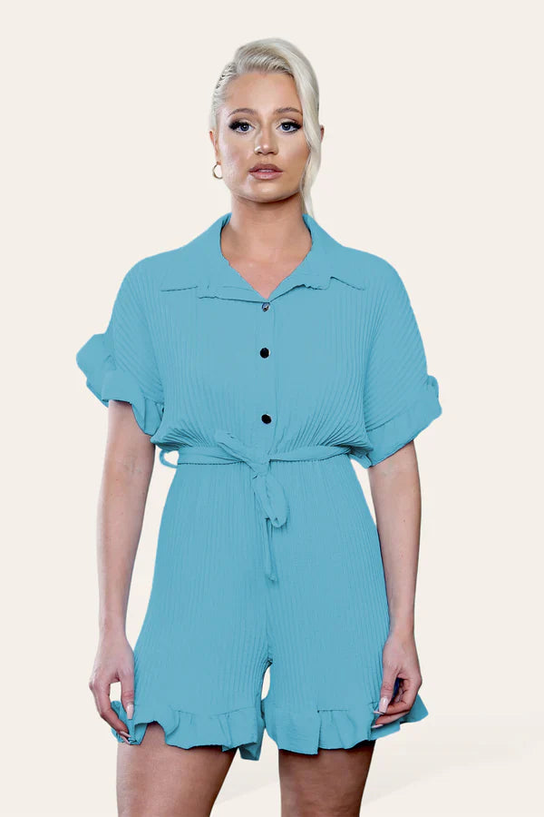 Pleated Ruffle Shirt Short Playsuit With Frill Hems 🇬🇧