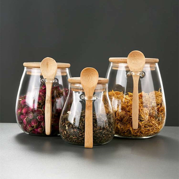 Kitchen Glass Jar Glass Spice Jar Bamboo Wooden Lid Food Storage Container With Spoon 🇨🇳