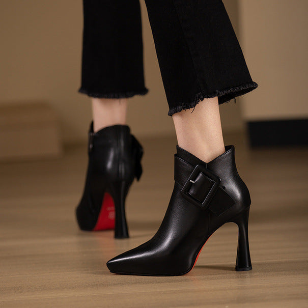 Faux Leather Pointed Toe High Heel Ankle Boots with Buckle Detail 🇨🇳