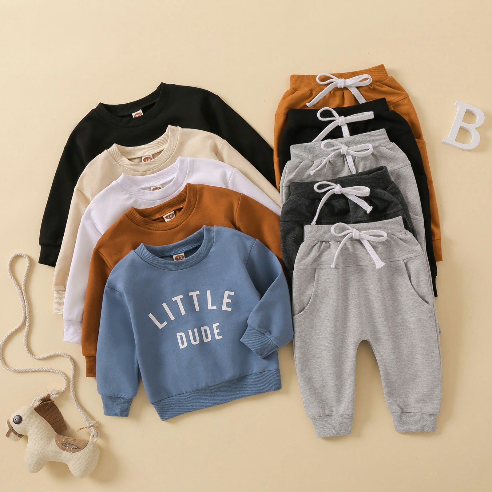 Children's round neck letter printed top solid color pants two-piece set multi-color design 🇨🇳