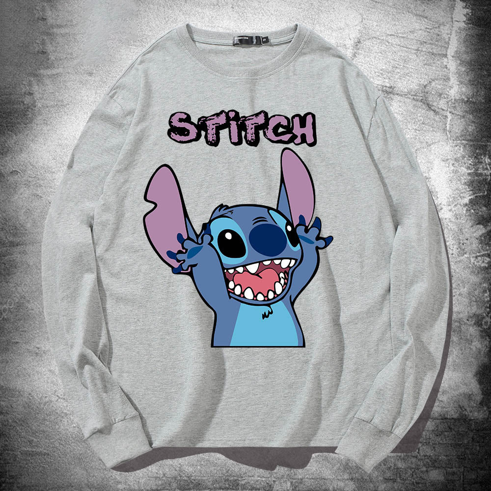 Stitch Long Sleeved T Shirt For Men and Women, Thin Pure Cotton, Loose Fitting, Like Couples Outfit, Round Neck Base Shirt, Clothes On Top 🇨🇳