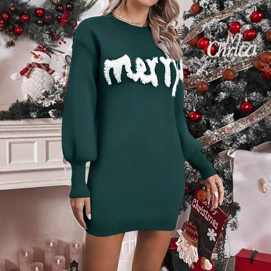 Christmas Knitted Round Neck Sleeve Pullover Bodycon Dress 🇨🇳