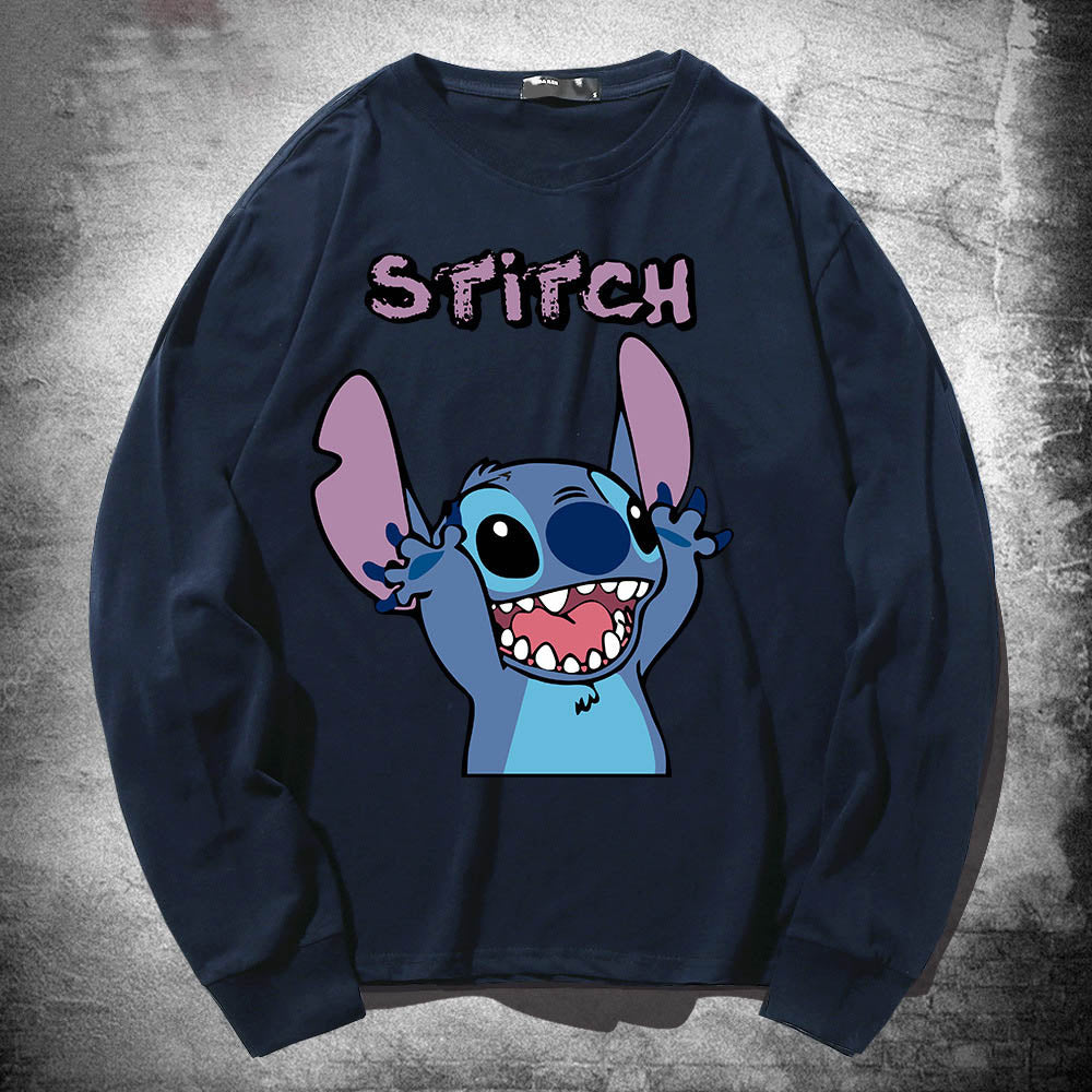 Stitch Long Sleeved T Shirt For Men and Women, Thin Pure Cotton, Loose Fitting, Like Couples Outfit, Round Neck Base Shirt, Clothes On Top 🇨🇳