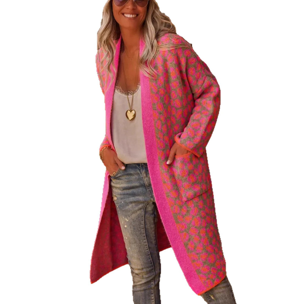 Color Block Leopard Print Long Knit Retro Pocket Cardigan 🇨🇳