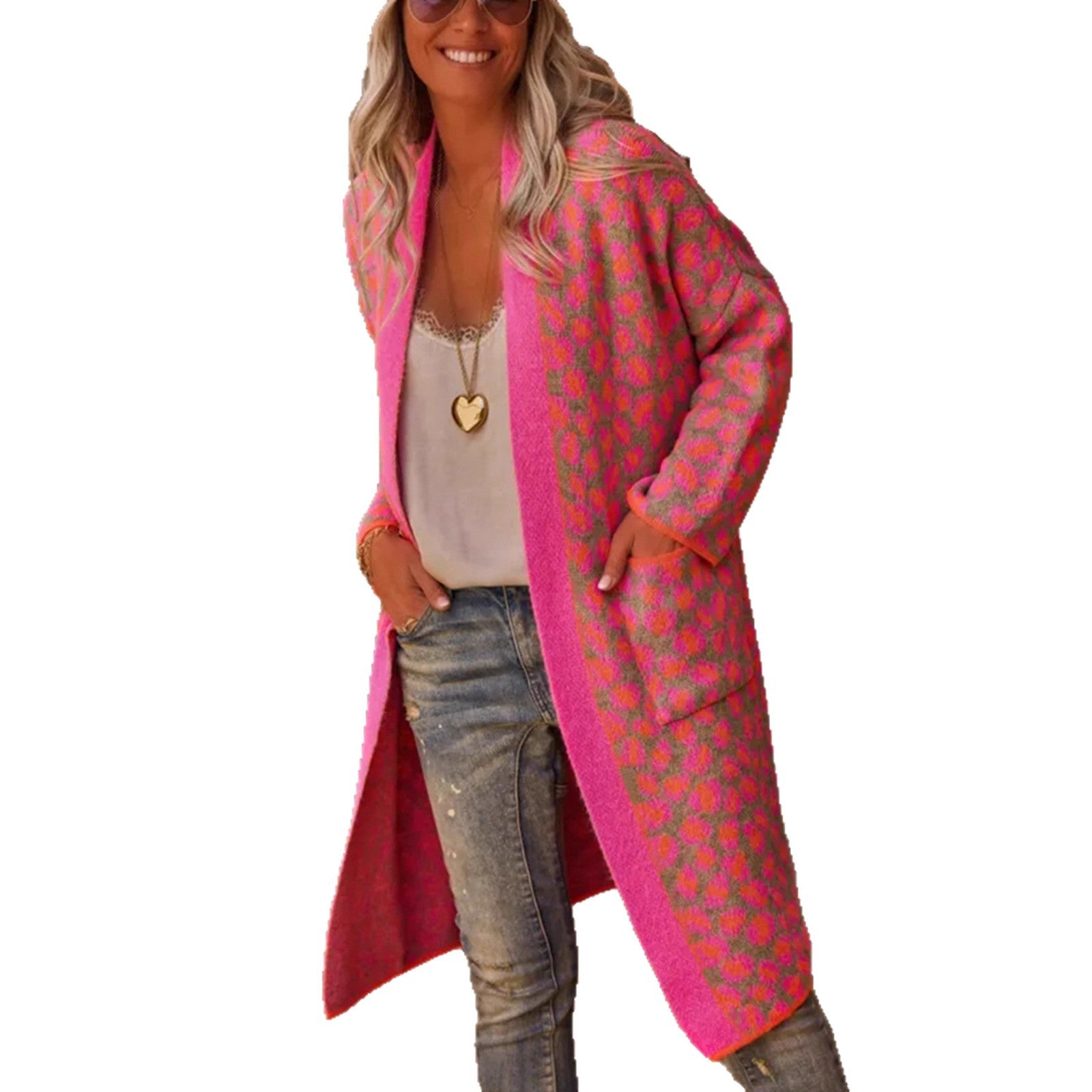 Color Block Leopard Print Long Knit Retro Pocket Cardigan 🇨🇳