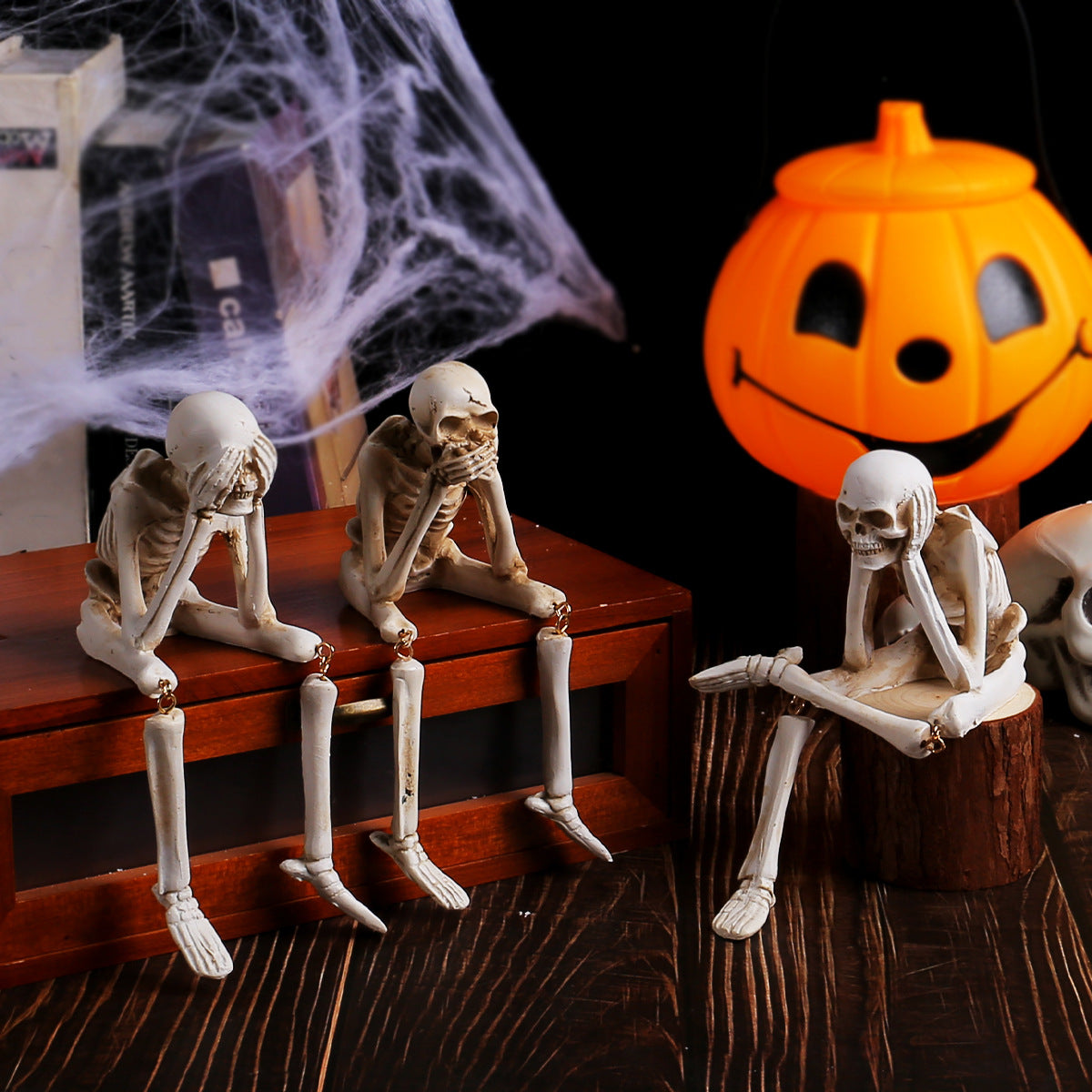 Halloween Skeleton Resin Ornaments, Ghost Festival Atmosphere, No Listening, No Watching, No Speaking Skeleton Skeleton Craft Decorations 🇨🇳
