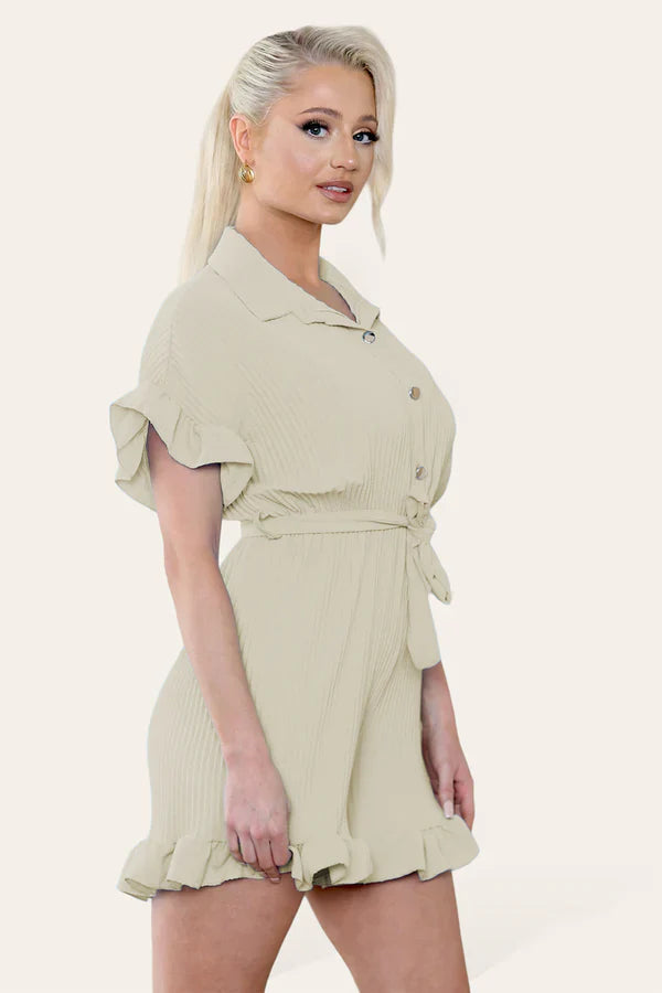Pleated Ruffle Shirt Short Playsuit With Frill Hems 🇬🇧