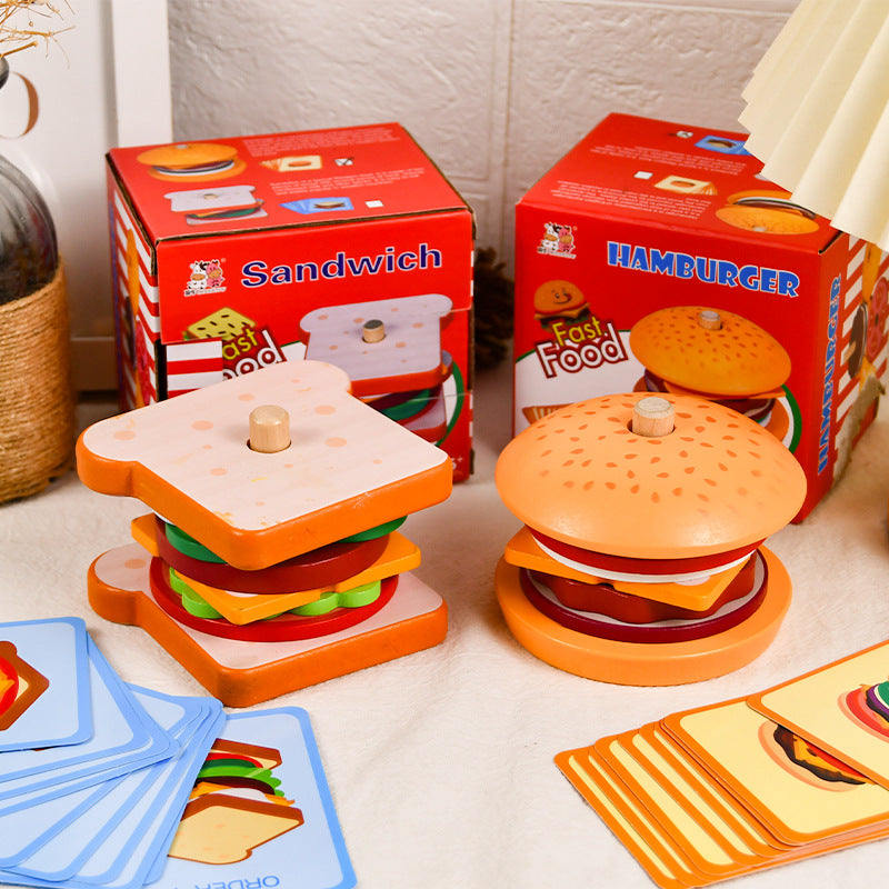 Baby wooden simulation burger, french fries, sandwich set, pillar pairing, food cutting, kitchen utensils, play with toys 🇨🇳