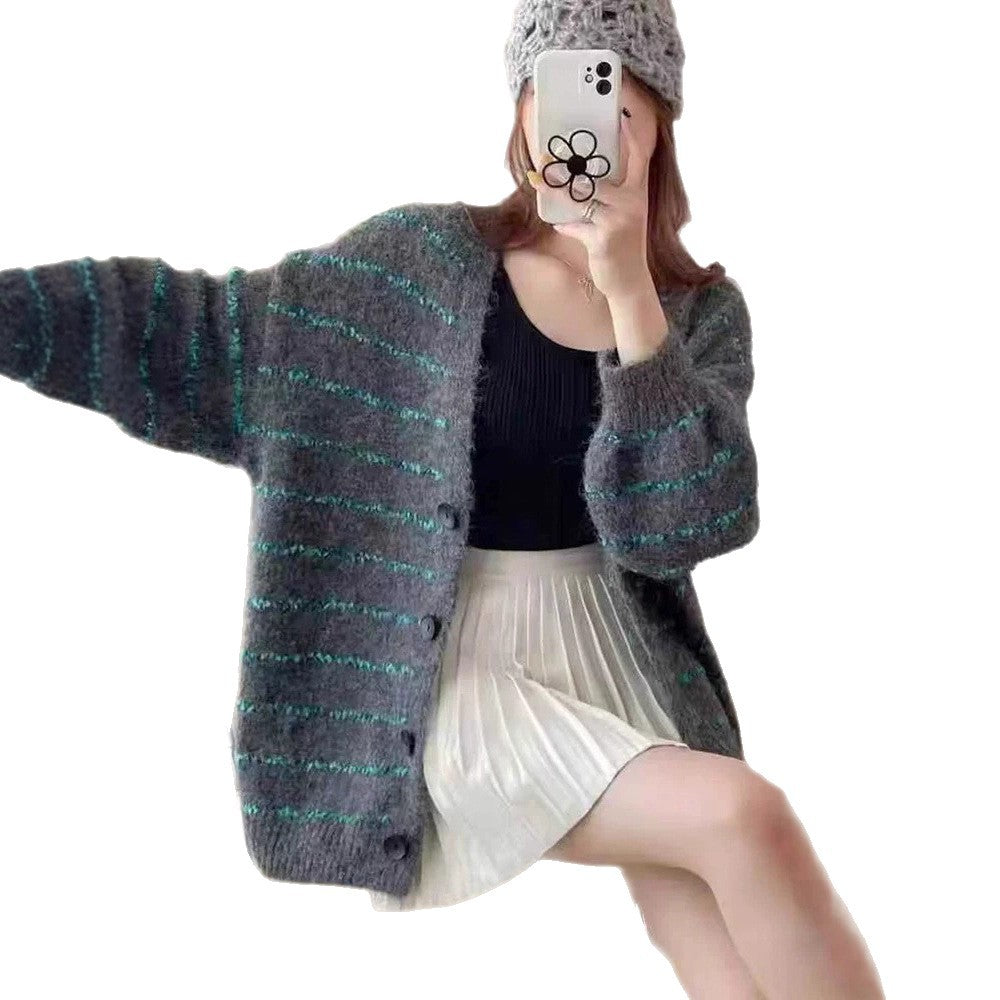 Block Stripe V-Neck Knitted Cardigan 🇨🇳