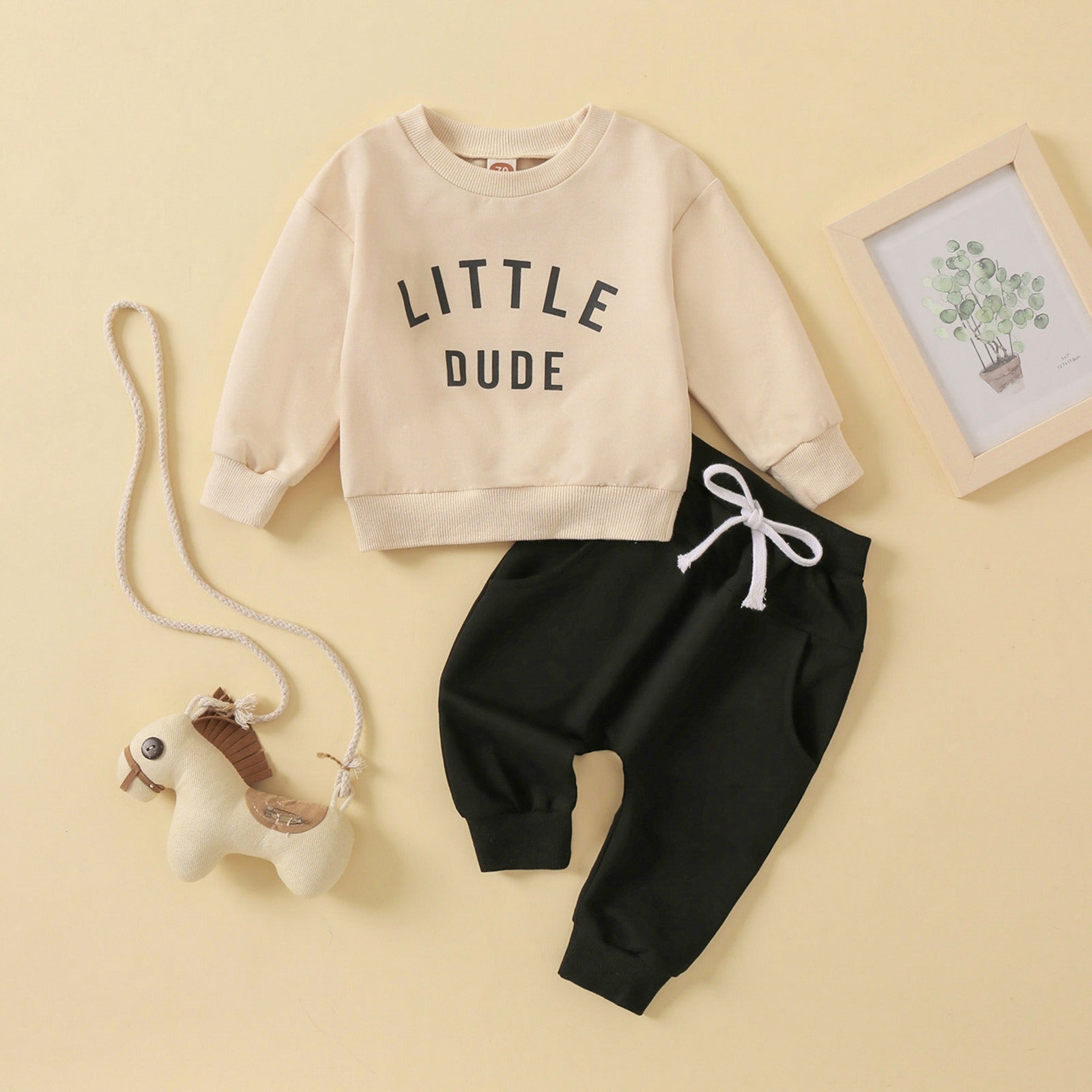 Children's round neck letter printed top solid color pants two-piece set multi-color design 🇨🇳