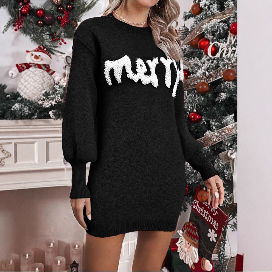 Christmas Knitted Round Neck Sleeve Pullover Bodycon Dress 🇨🇳