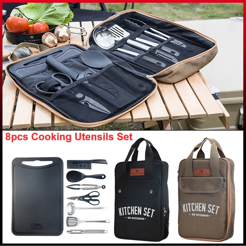 Camping Kitchen 8pcs Outdoor Cookware Kit Stainless Steel Tool Travel Set And Utensil Organizer Storage bag 🇨🇳