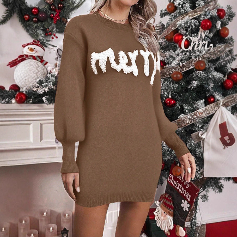 Christmas Knitted Round Neck Sleeve Pullover Bodycon Dress 🇨🇳
