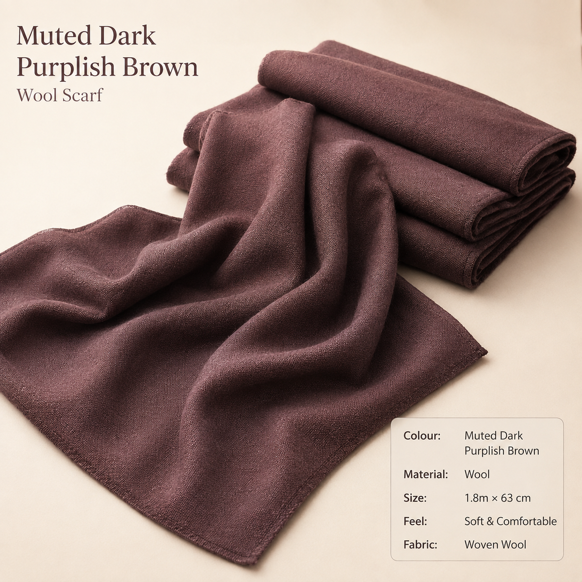 Purplish Brown Wool Scarf Soft Winter Warm Plum Mauve Shawl Wrap 1.8m x 63cm 🇬🇧