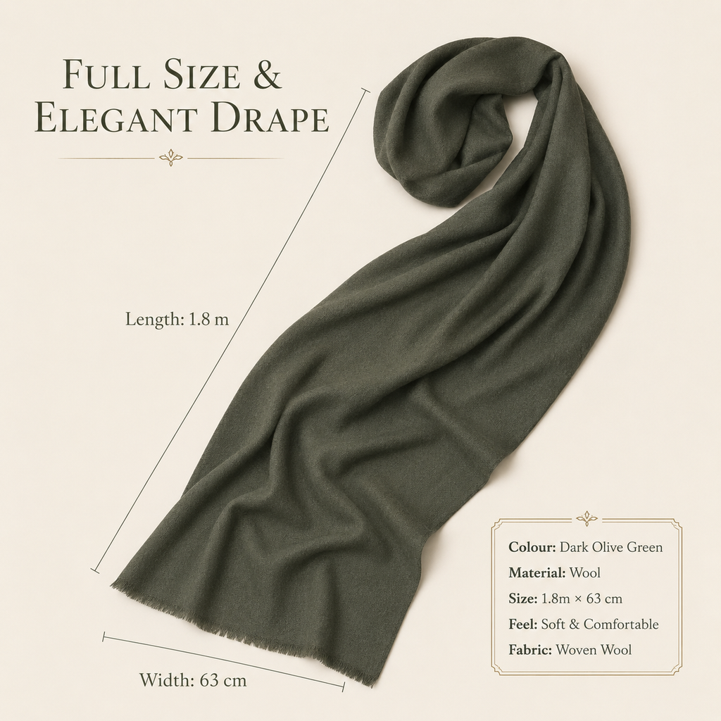 Dark Olive Green Wool Scarf Soft Warm Woven Winter Shawl Wrap 1.8m x 63cm 🇬🇧
