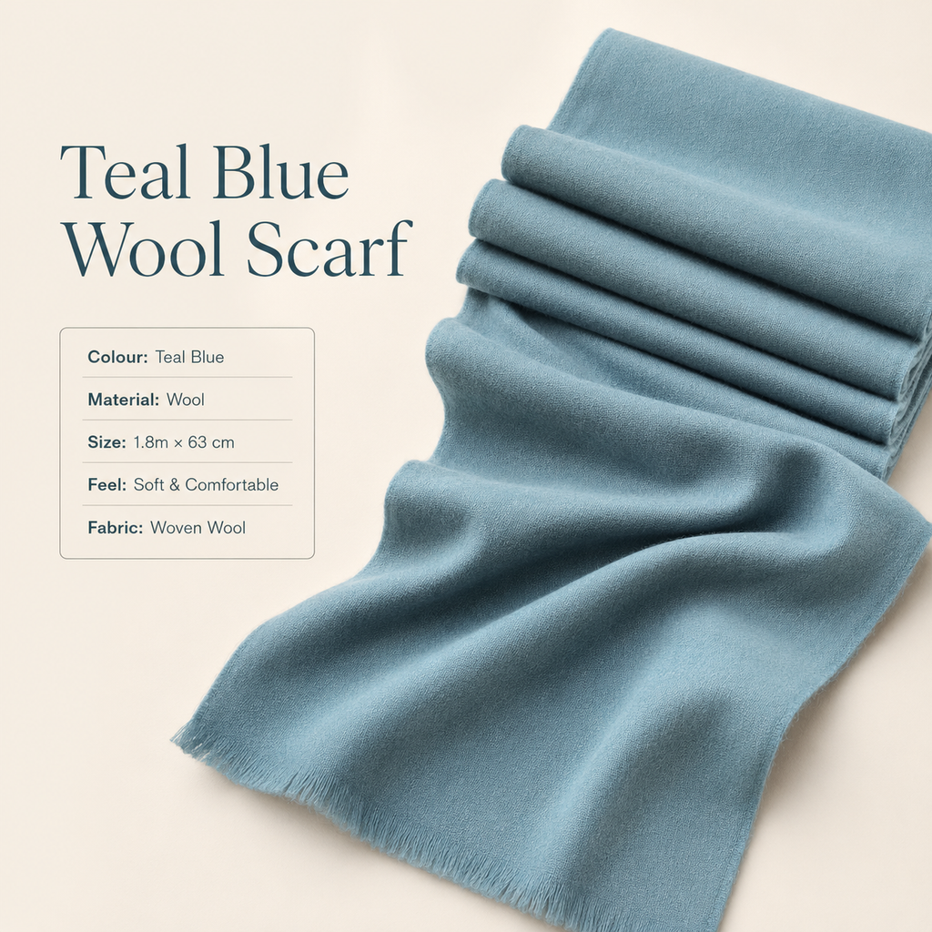 Teal Blue Wool Scarf Soft Warm Woven Winter Shawl Wrap 1.8m x 63cm 🇬🇧