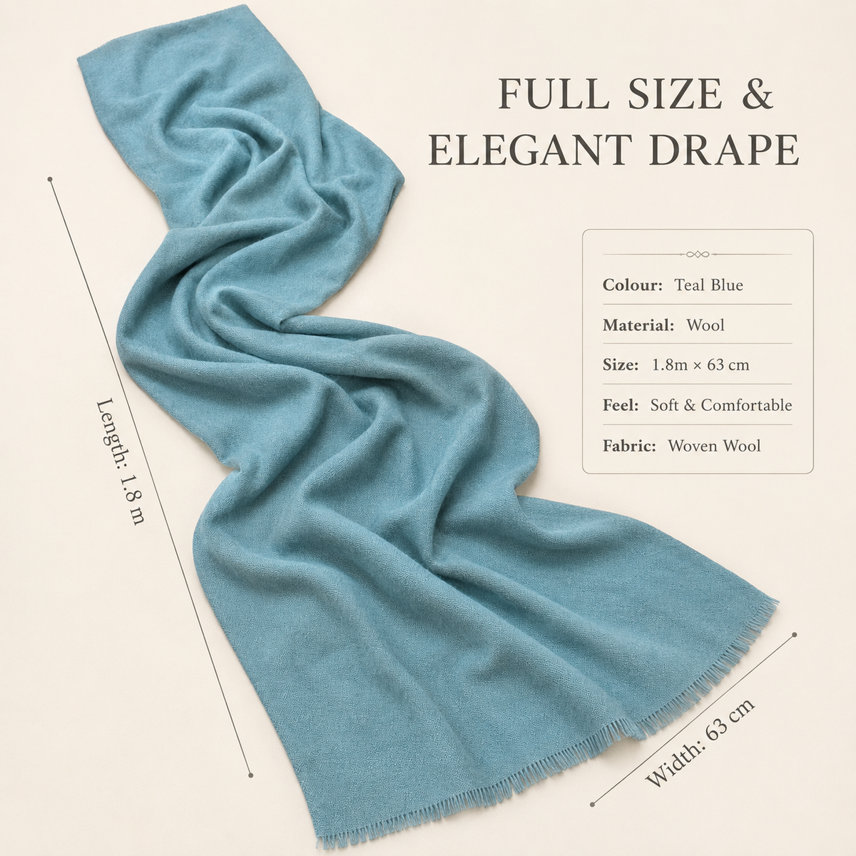 Teal Blue Wool Scarf Soft Warm Woven Winter Shawl Wrap 1.8m x 63cm 🇬🇧
