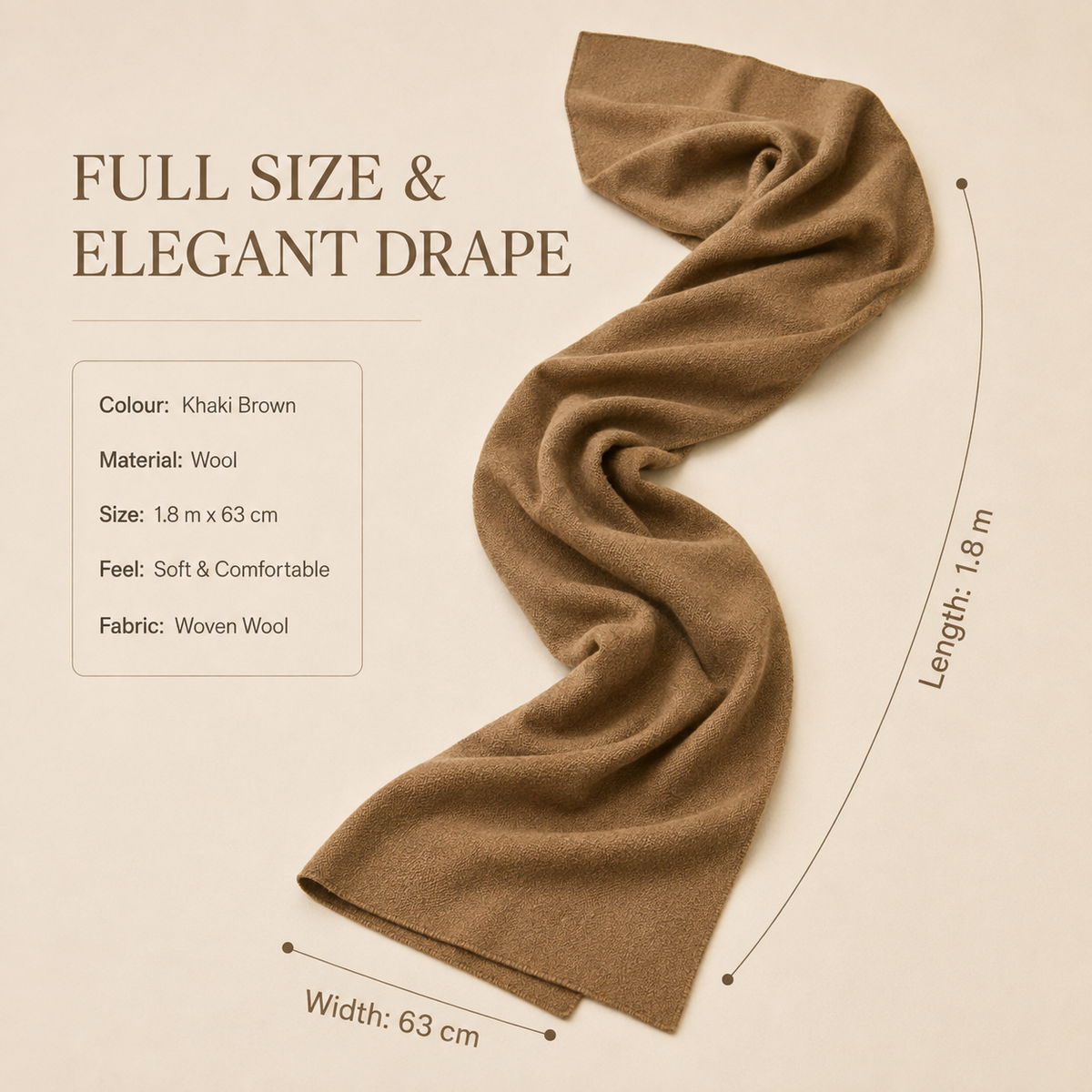 Khaki Brown Wool Scarf Soft Warm Woven Winter Shawl Wrap 1.8m x 63cm 🇬🇧