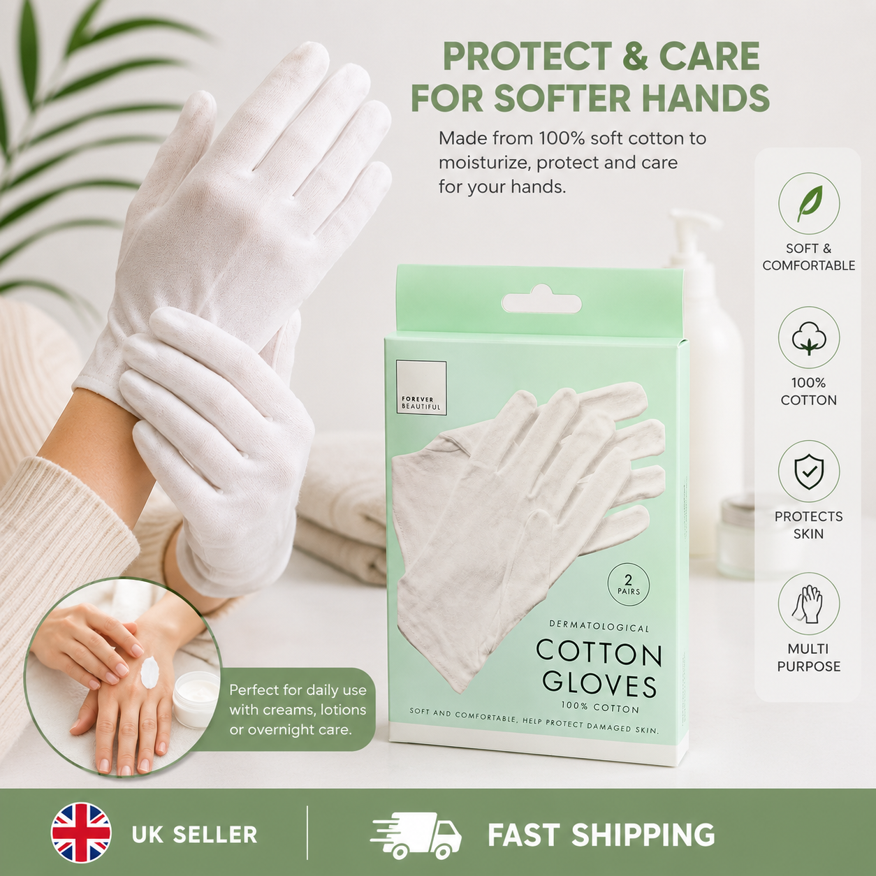 100% Cotton Moisturizing Gloves – Soft Overnight Hand Care Gloves (2 Pairs) 🇬🇧
