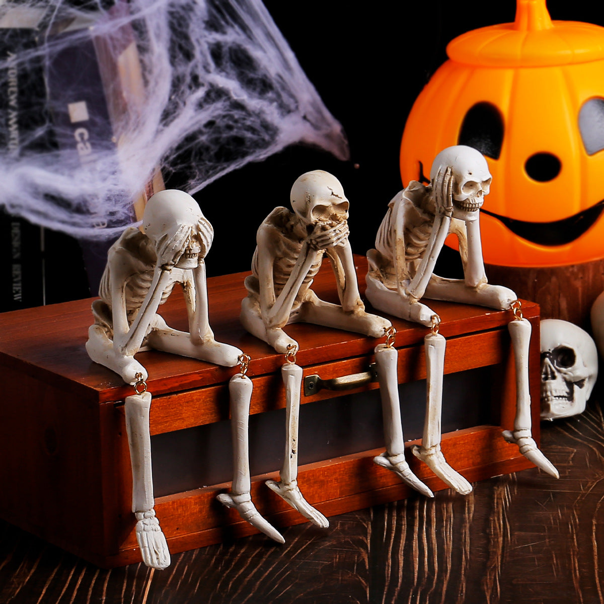 Halloween Skeleton Resin Ornaments, Ghost Festival Atmosphere, No Listening, No Watching, No Speaking Skeleton Skeleton Craft Decorations 🇨🇳