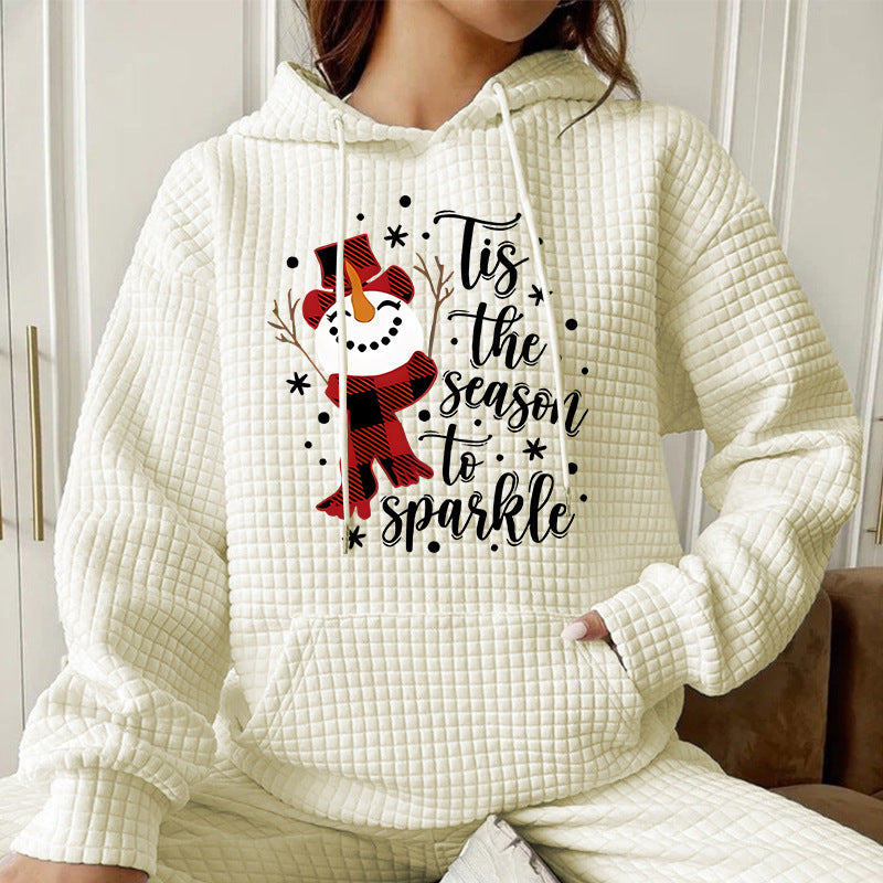 Waffle Hoodie Long Sleeve Snowman Pattern Printed Sweatshirt 🇨🇳