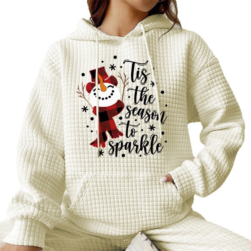 Waffle Hoodie Long Sleeve Snowman Pattern Printed Sweatshirt 🇨🇳
