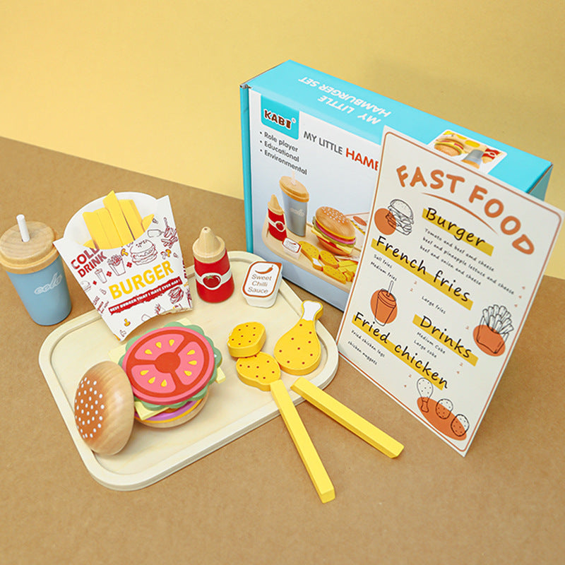 Children's play at home puzzle burger French fries wooden simulation sandwich kitchen wooden toy 🇨🇳