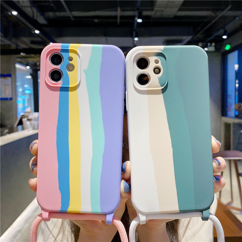 Mobile Phone Cover Apple 13pro Rainbow Lanyard Silicone Cover Suitable For 11pro All-Inclusive Anti-Fall Case 🇨🇳