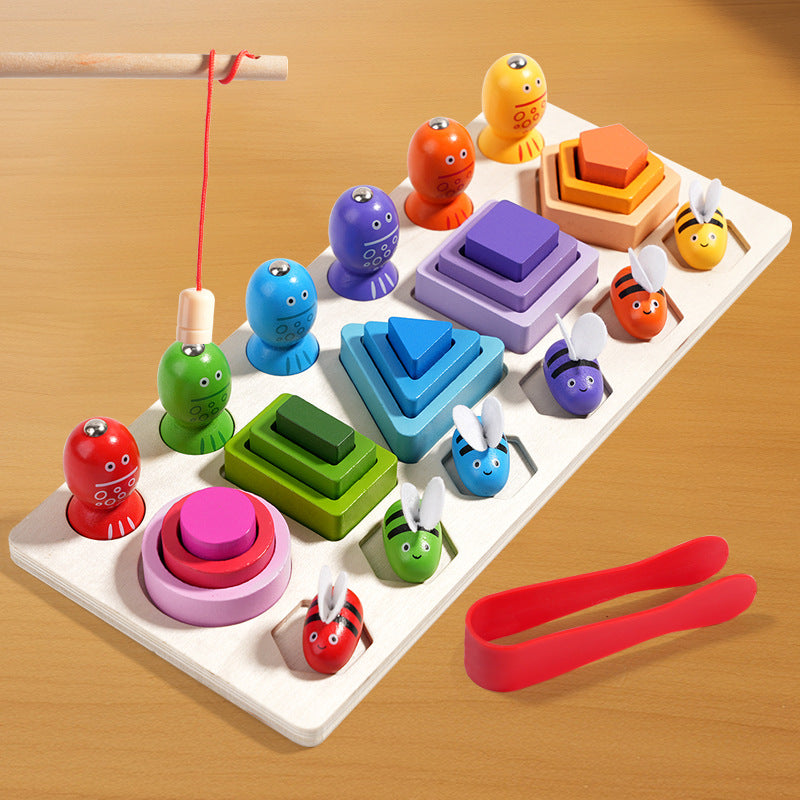 Wooden three in one magnetic clip bee set pillar for children's early education puzzle geometry cognition matching building block toy 🇨🇳