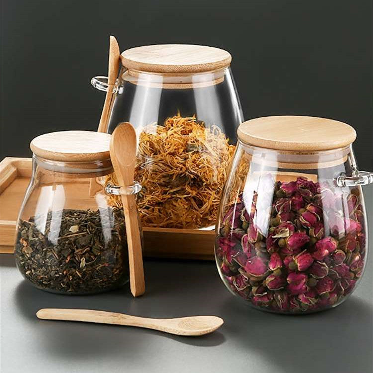 Kitchen Glass Jar Glass Spice Jar Bamboo Wooden Lid Food Storage Container With Spoon 🇨🇳