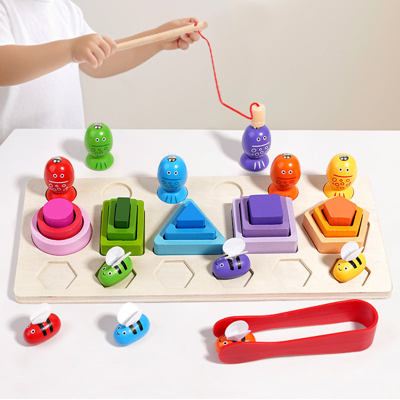 Wooden three in one magnetic clip bee set pillar for children's early education puzzle geometry cognition matching building block toy 🇨🇳