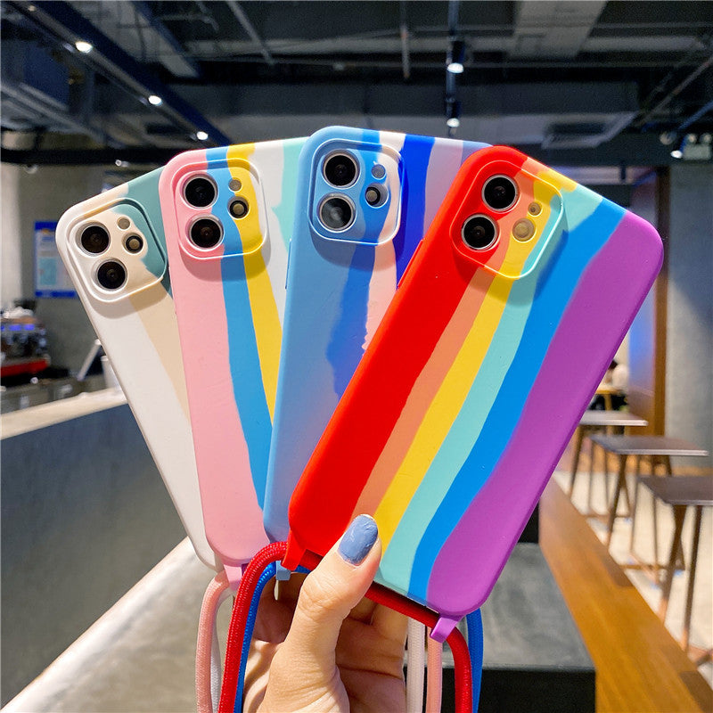 Mobile Phone Cover Apple 13pro Rainbow Lanyard Silicone Cover Suitable For 11pro All-Inclusive Anti-Fall Case 🇨🇳