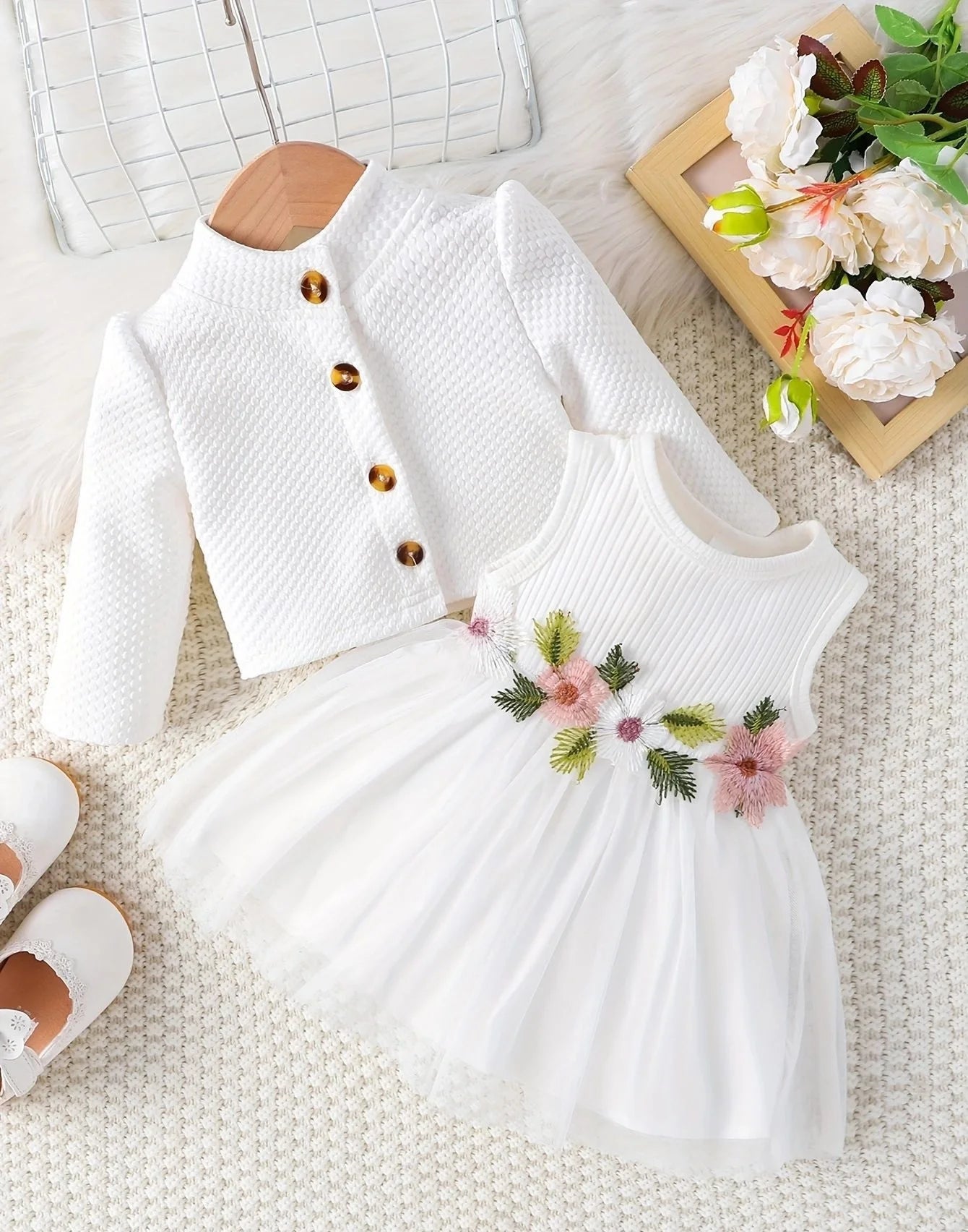 Baby girl waist flower design vest spliced mesh dress and jacket/Cardigan 🇨🇳