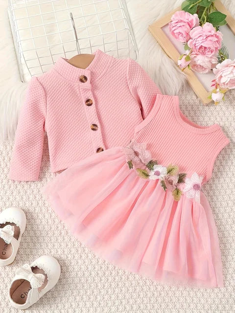 Baby girl waist flower design vest spliced mesh dress and jacket/Cardigan 🇨🇳