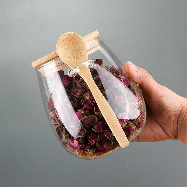Kitchen Glass Jar Glass Spice Jar Bamboo Wooden Lid Food Storage Container With Spoon 🇨🇳