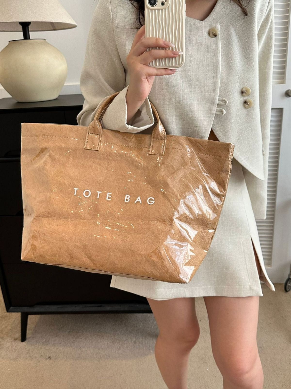 Fashionable Retro Dupont Paper Bag Women's Large Capacity Kraft Paper Handbag Shopping Bag Trendy 🇨🇳