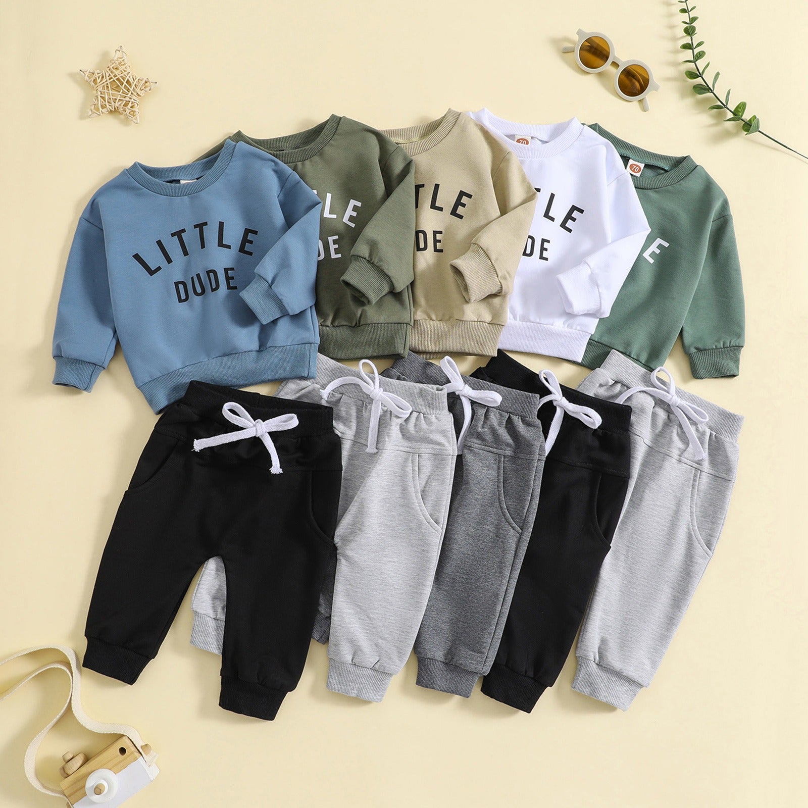 Children's round neck letter printed top solid color pants two-piece set multi-color design 🇨🇳