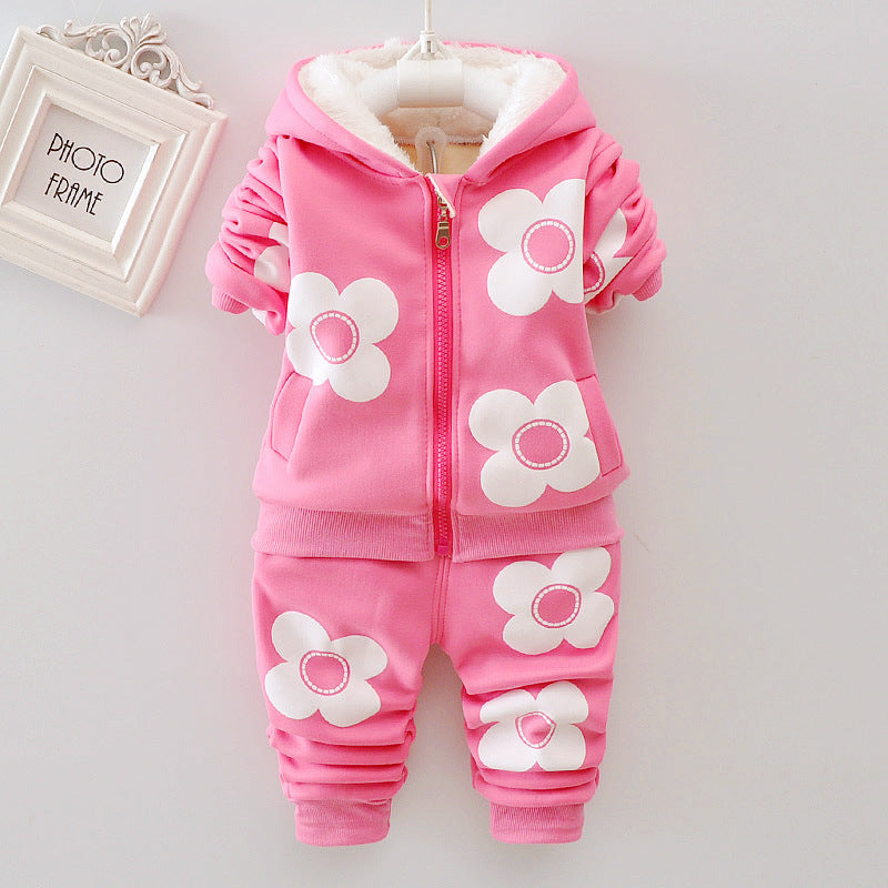 Autumn plus velvet set for girls' outdoor wear, three flower early winter clothing, two-piece set 🇨🇳
