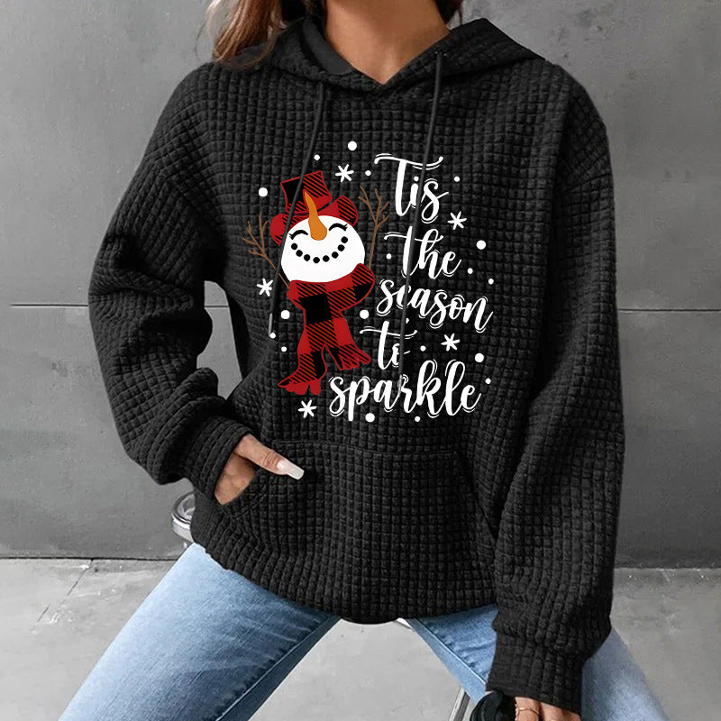 Waffle Hoodie Long Sleeve Snowman Pattern Printed Sweatshirt 🇨🇳