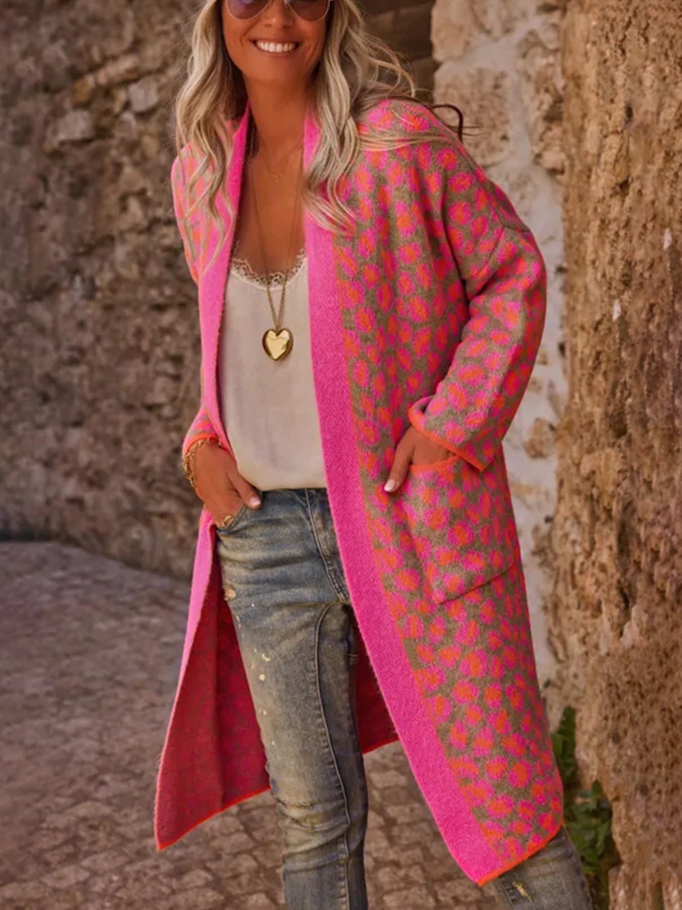 Color Block Leopard Print Long Knit Retro Pocket Cardigan 🇨🇳