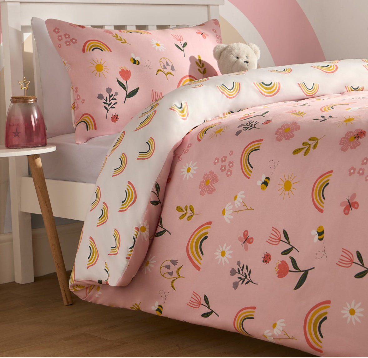Flowers and Rainbows Print Reversible Duvet Set - Pink 🇬🇧