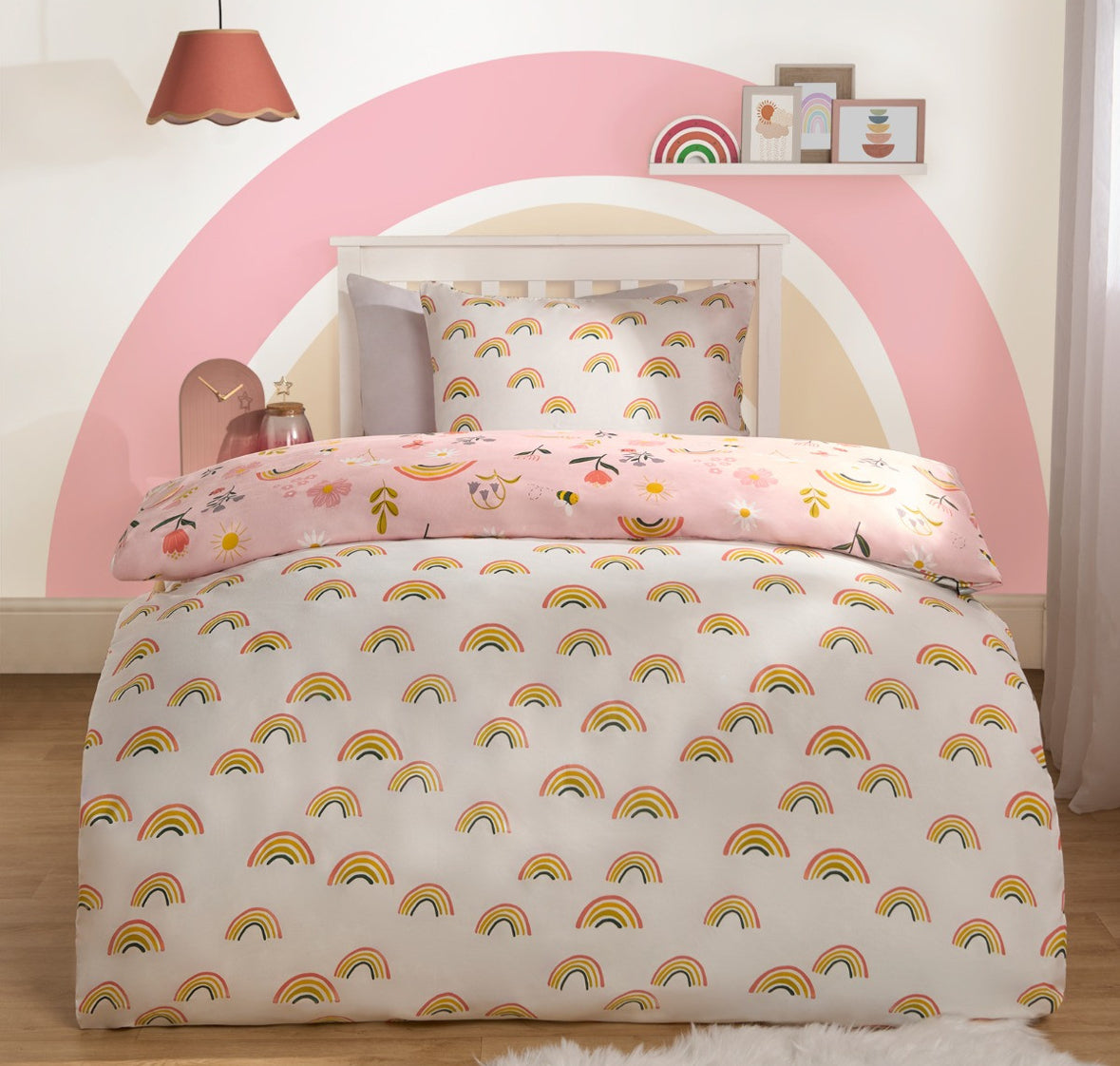 Flowers and Rainbows Print Reversible Duvet Set - Pink 🇬🇧