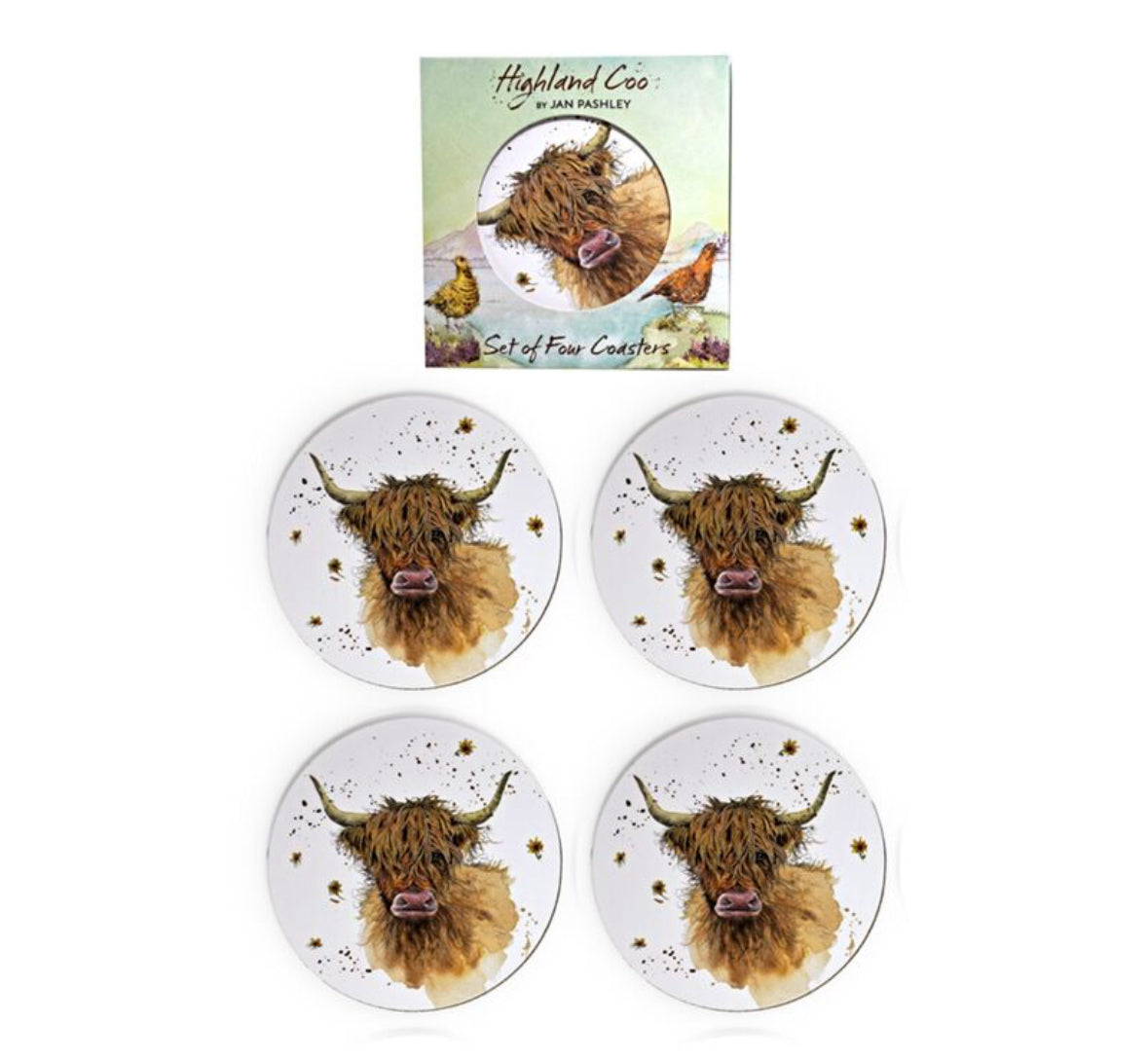 Set of 4 Cork Novelty Coasters - Jan Pashley Highland Coo 🇬🇧