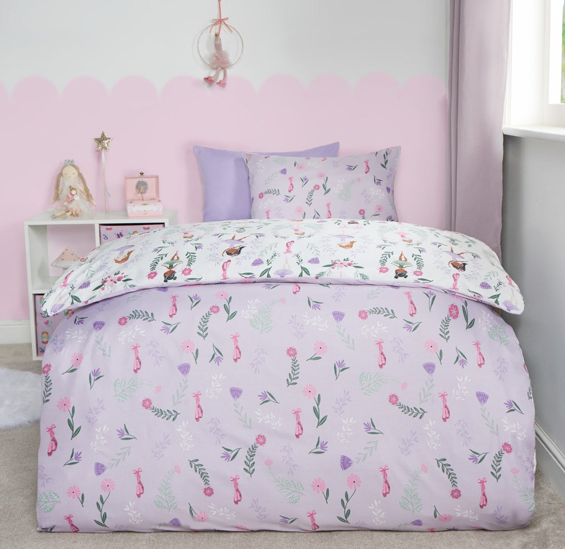 Kids Ballerina Print Reversible Duvet Cover Set - Lilac/White single 🇬🇧