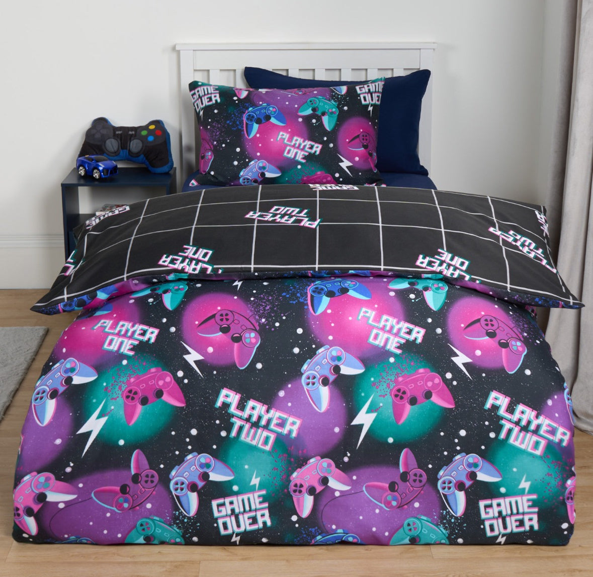 Neon Gaming Check Reversible Duvet Cover Set 🇬🇧