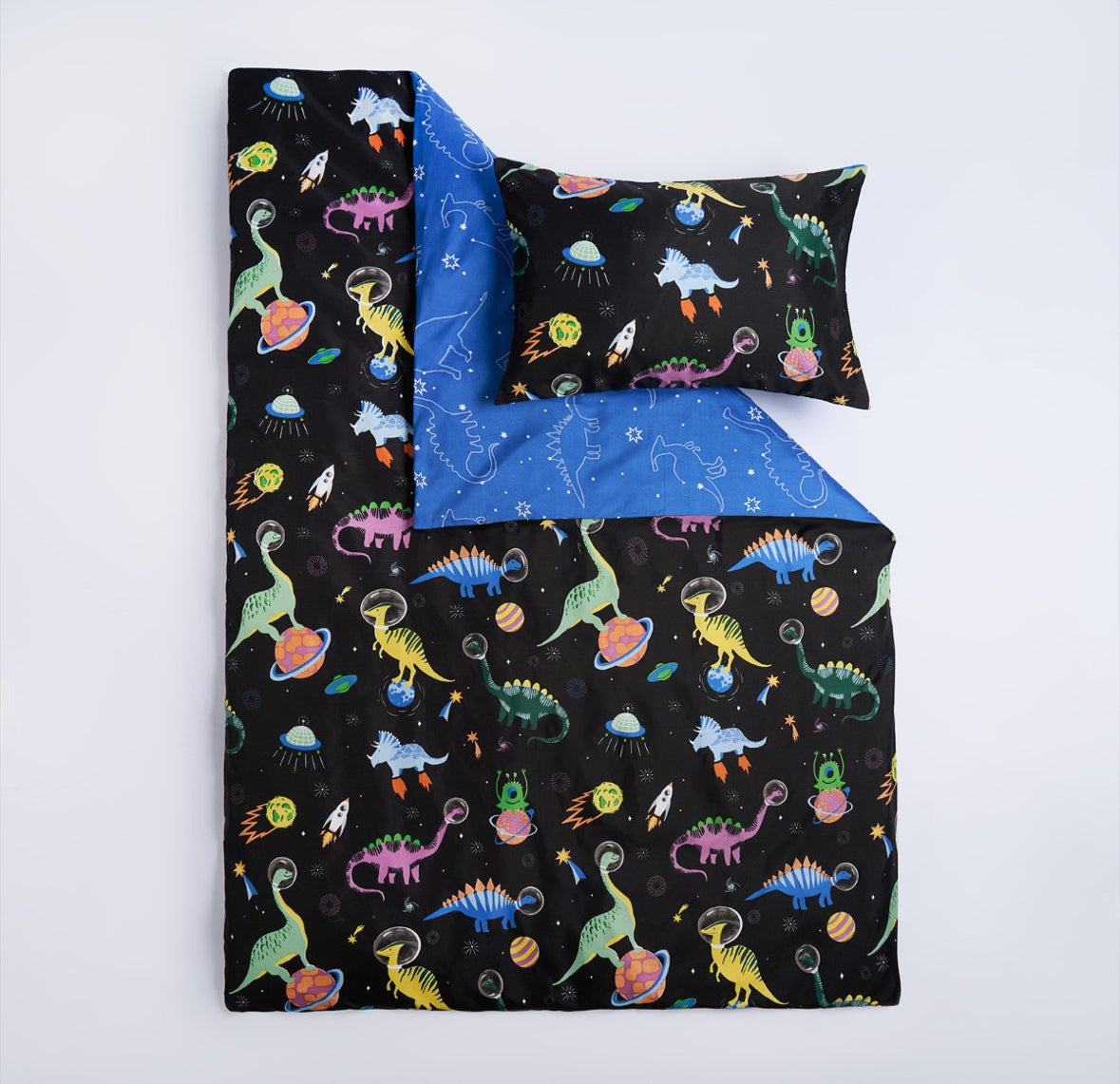 Kids Space Dinosaur Print Reversible Duvet Cover Set - Black/Blue 🇬🇧