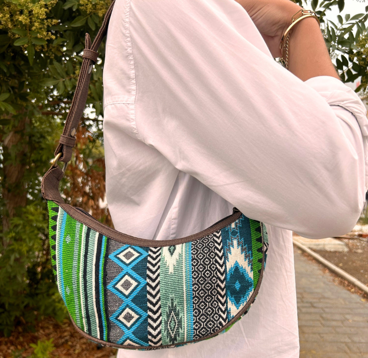 Jacquard Hobo Bag - Bold Greens (brown strap) 🇬🇧