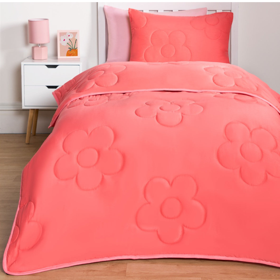 Coverless Daisy Quilted 7.5 Tog Duvet Set - Coral Pink 🇬🇧
