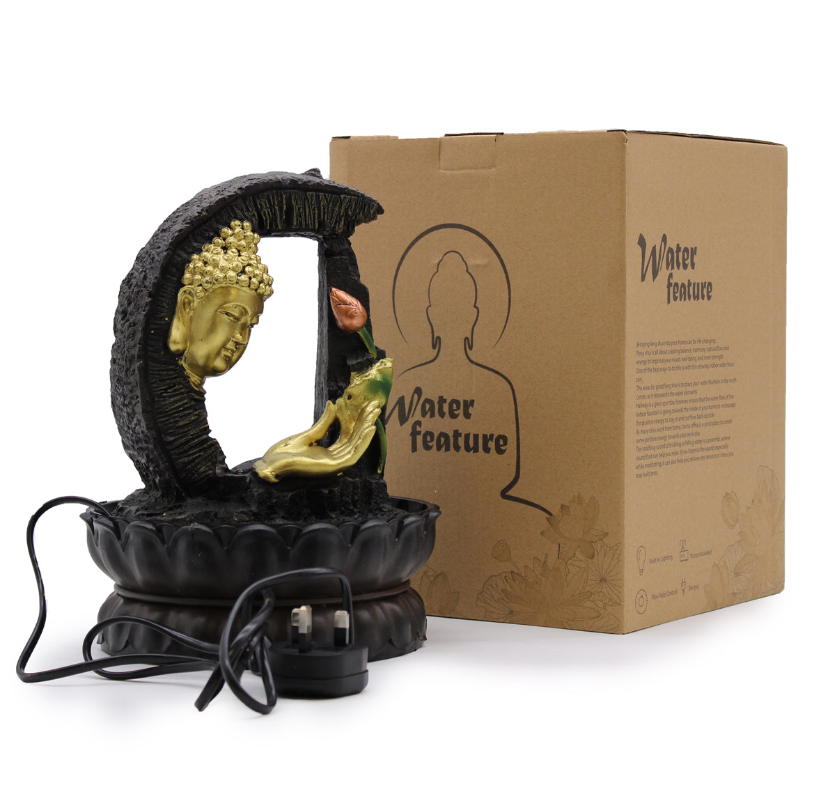 Tabletop Water Feature - 30cm - Golden Buddha & Lotus 🇬🇧