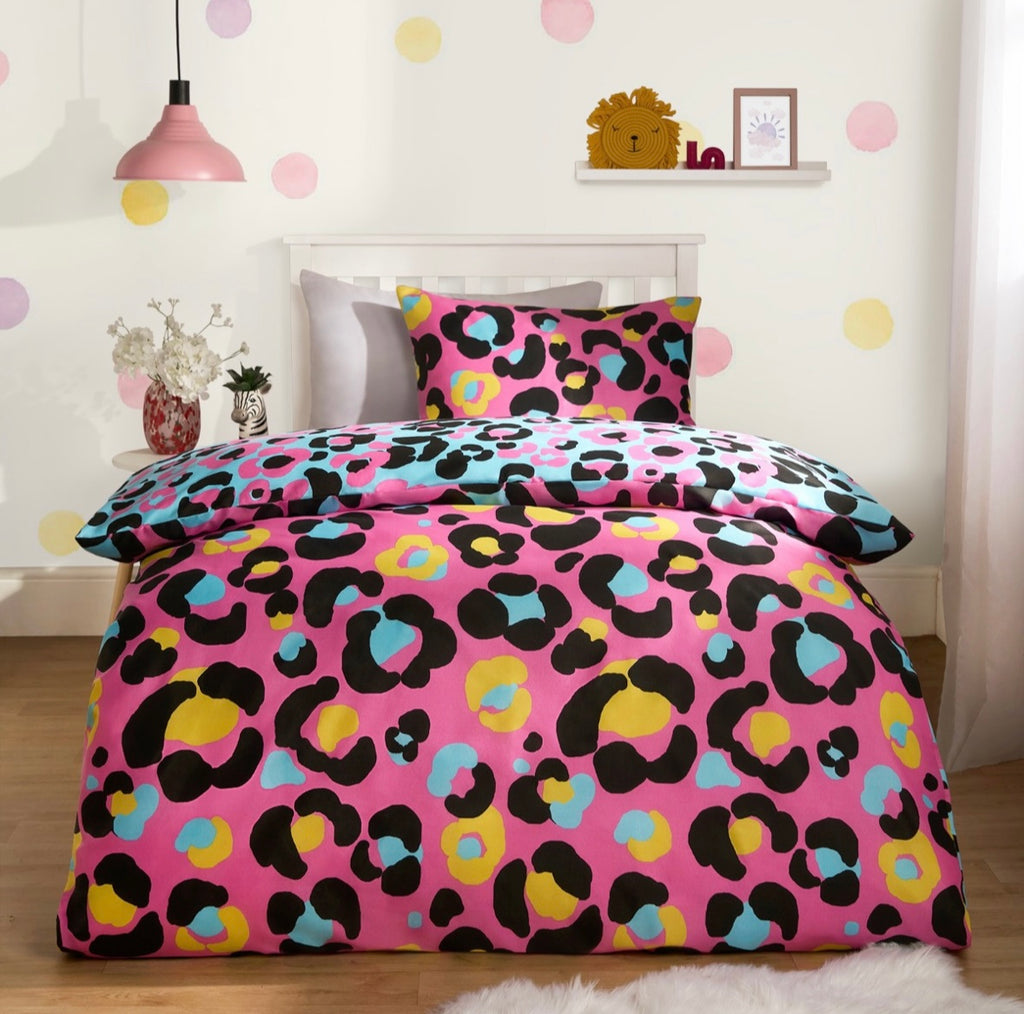 Abstract Neon Leopard Print Reversible Duvet Set - Pink 🇬🇧